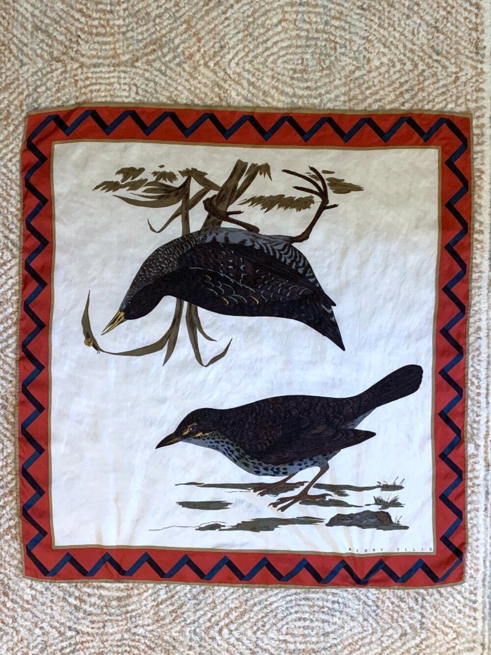 Vintage Perry Ellis Silk Scarf 31” Square Rolled Hem Bird Design - Picture 2 of 10